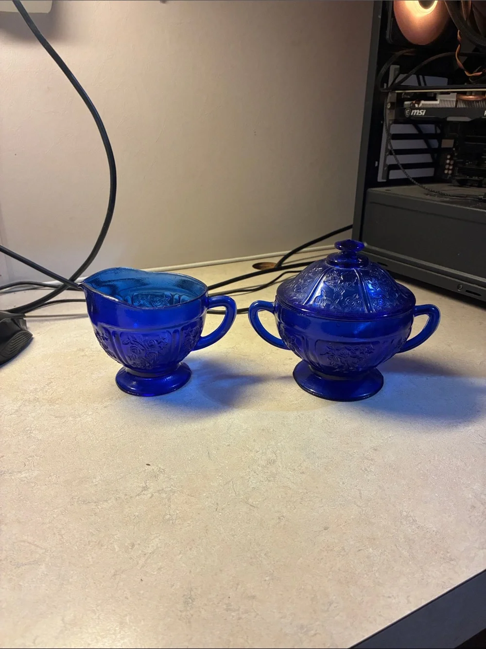 Cobalt Blue Glass Sugar and Creamer Set - Classic Decorative Serving